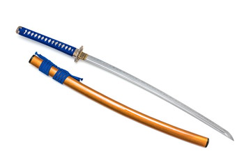 Colorful Japanese sword steel fitting and blue cord with orange scabbard on white background.