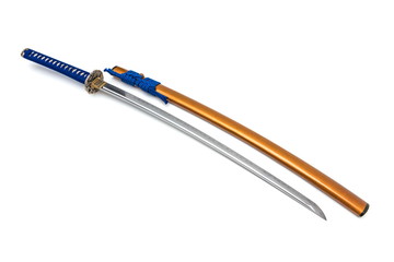 Colorful Japanese sword steel fitting and blue cord with orange scabbard on white background.