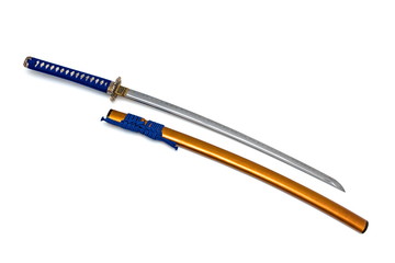 Colorful Japanese sword steel fitting and blue cord with orange scabbard on white background.
