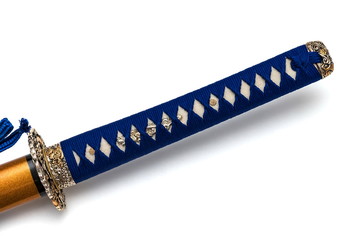 Blue Tsuka : handle of Japanese sword isolated in white background.