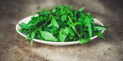 Arugula - fresh salad (rucola) on a gray background. top view. copy space