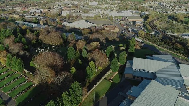 The town of Bathgate in West Lothian, Scotland. Ascending footage.