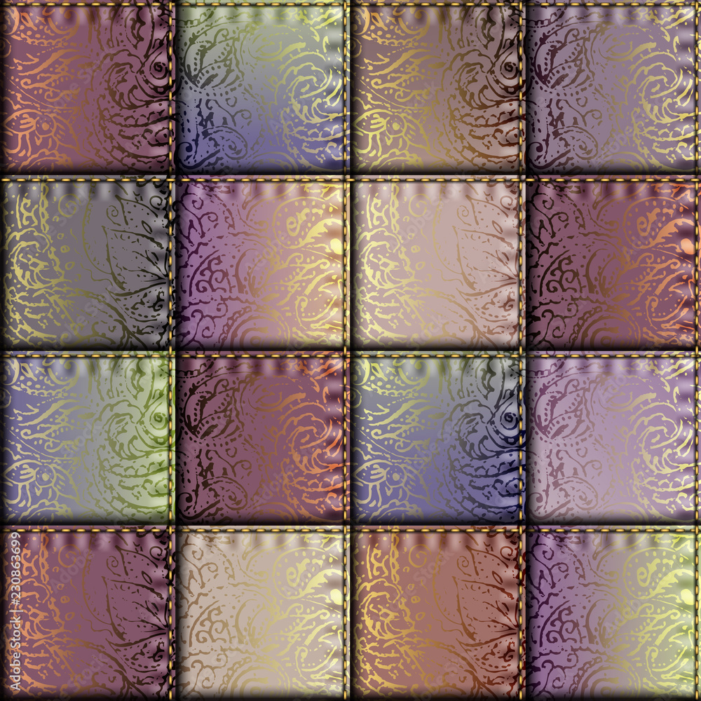 Poster seamless background pattern. patchwork silk satin pattern with paisley ornament patterns. vector ima
