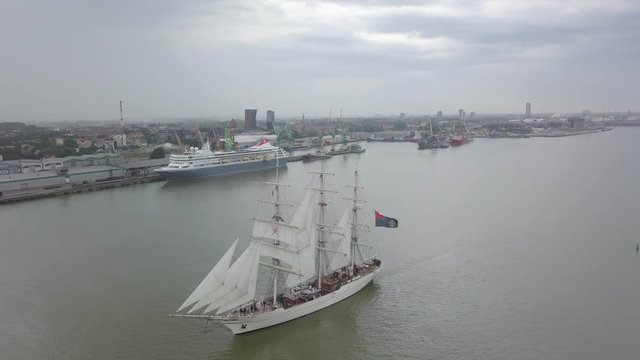 Aerial of Oman tall ship "Shabab Oman II" leaving port of Klaipeda during Tall Ships Races 2017