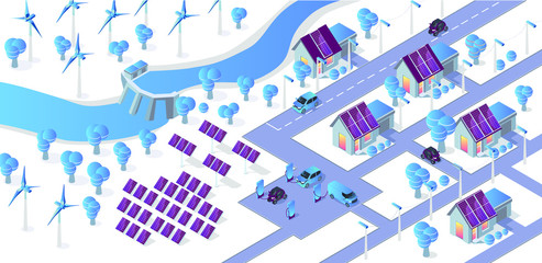 Alternative energy concept vector flat illustration. Isometric car and city house connected to solar panel, wind turbines and hydroelectric power station, Car charge station. Isometric 3d
