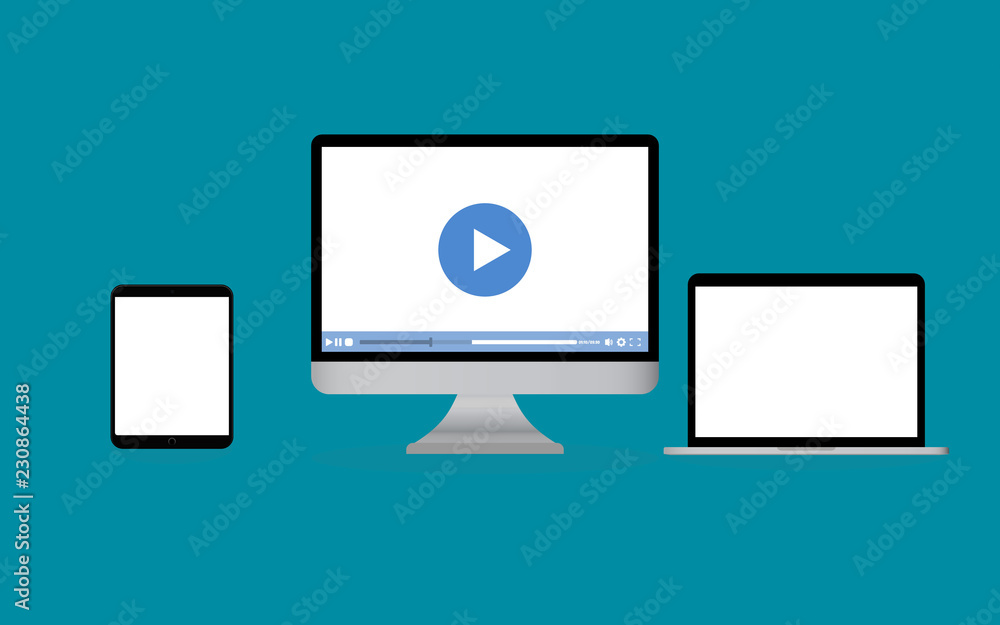 Poster realistic set of monitor, laptop, tablet, smartphone - stock vector illustration. modern video playe