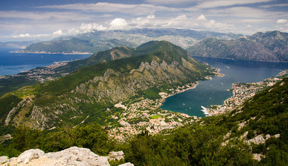 Fototapeta na wymiar Top view of Boka Kotor bay and Kotor from Lovcen Mountain, Montenegro