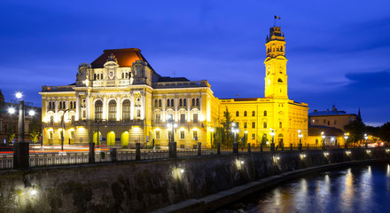 Fototapeta na wymiar Oradea City Hall and river Crisul Repede in night