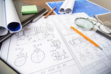
Architectural blueprints - drawings, pencil, calculator, calculations, plan, ruler, computer. Business and science. 