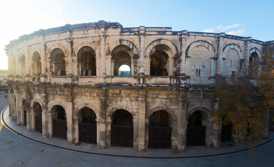 Ancient Roman amphitheater arena in Nimes, France
