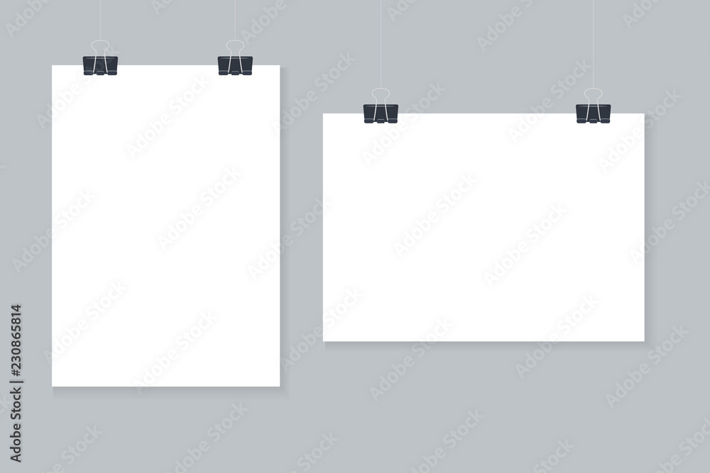 Poster white posters hanging on binder. poster mockup. vector mock up blank paper hanging on office clip. p