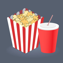Box full of popcorn with a soda. Popcorn striped bucket with cup of soda. Cinema concept. Cinema element. Popcorn movie. Vector stock. Vector illustration in trendy style