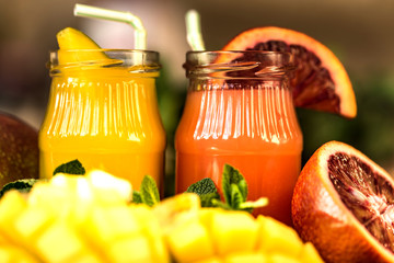 Glasses of juices. Refreshments and summer drinks.