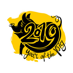 Year of the Pig. 2019. Flat vector template on background yellow spot for the New Year's design. Pig - symbol of 2019 on the Chinese calendar.