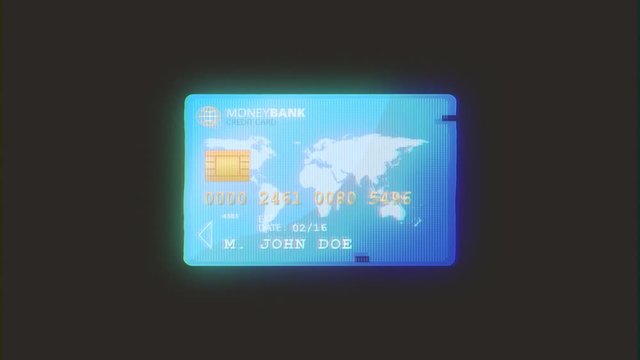 4k Credit Card Recto And Verso With Glitch Effect/
Animation of a detailed credit card sample with glitch and twitch vintage effects