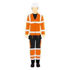 Man worker in uniform. Professional protective clothes, boots and white safety helmet.
