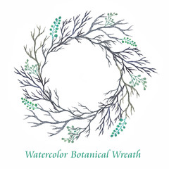 Fototapeta na wymiar Watercolor botanical wreath isolated on a white