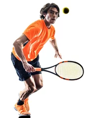 Foto op Canvas one caucasian hispanic tennis player man in studio silhouette isolated on white background © snaptitude
