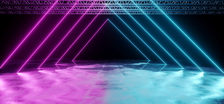 Neon Glowing Purple And Blue Tube Triangle Shaped Laser Stage Lights On Black Background With Reflective Grunge Concrete Surface And Stage Structure Background 3D Rendering