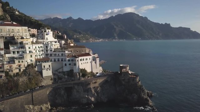 Wide aerial, scenic cliffs on Amalfi Coast