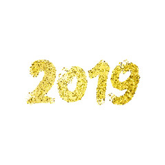 2019 hand drawn calligraphy. Happy New Year card. Golden glitter numbers isolated on a white background.