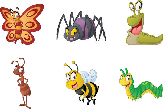 Group of cartoon insects. Vector illustration of funny happy small animals.

