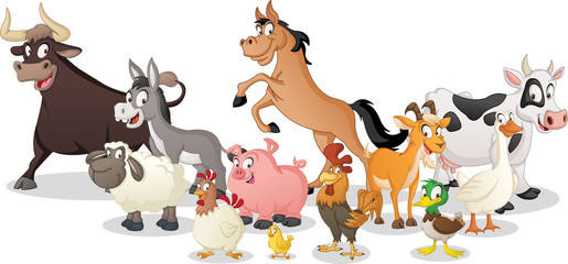 Group of farm cartoon animals. Vector illustration of funny happy animals.