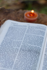 Opened Bible and Candle In Forest - 230875289