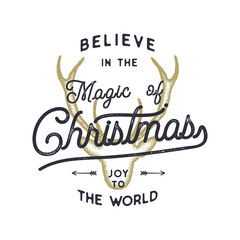 Christmas typography quote design. Believe in Magic of Christmas. Joy the world sign. Inspirational print for t shirts, mugs, holiday decorations, costumes. Stock vector calligraphy isolate