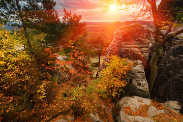 Amazing autumn  landscape in Saxony Bastei Mountains national park. View Exposed sandstone rocks...