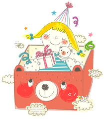 Girl sitting in box with toy