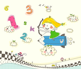 Girl sitting on pencil, flying in sky