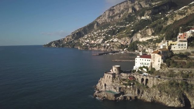 Aerial, historic buildings on Amalfi Coast