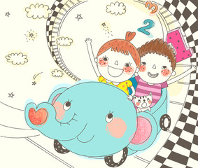 Boy and girl on an amusement park ride