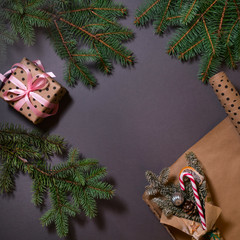 New Year's concept. Christmas concept, top view of the gift and the Christmas tree