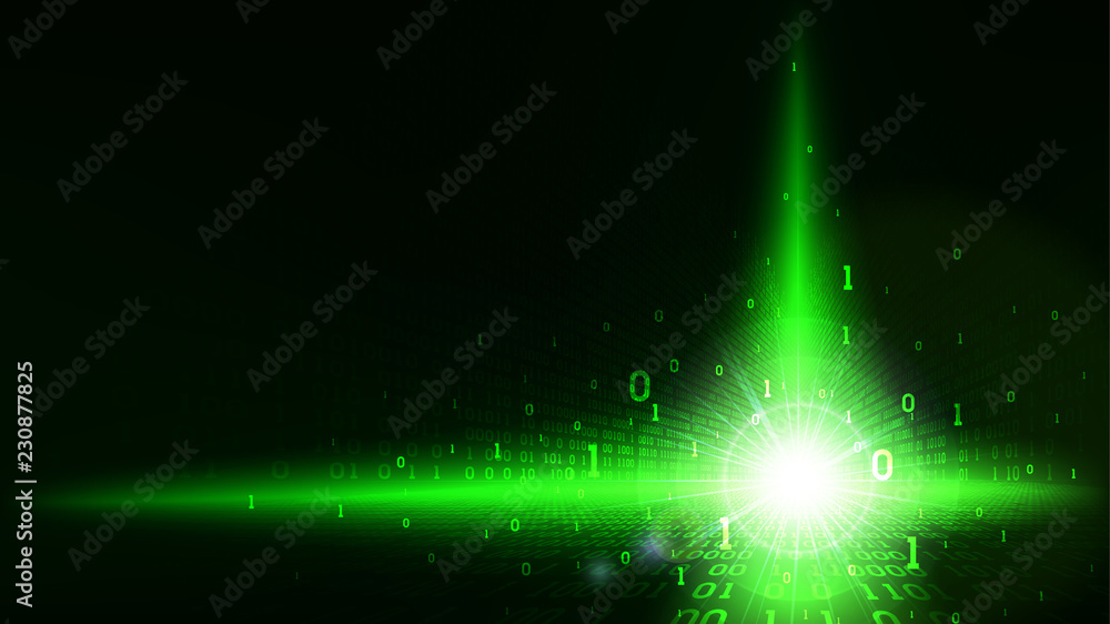 Poster binary code in abstract futuristic cyberspace, matrix shining green background with digital code, bi