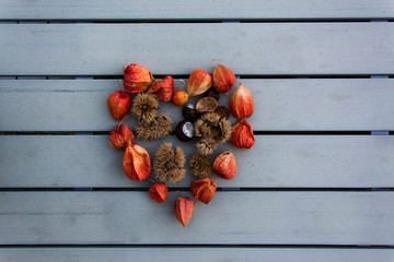 love decoration with autumn fruits and chestnuts with copy space