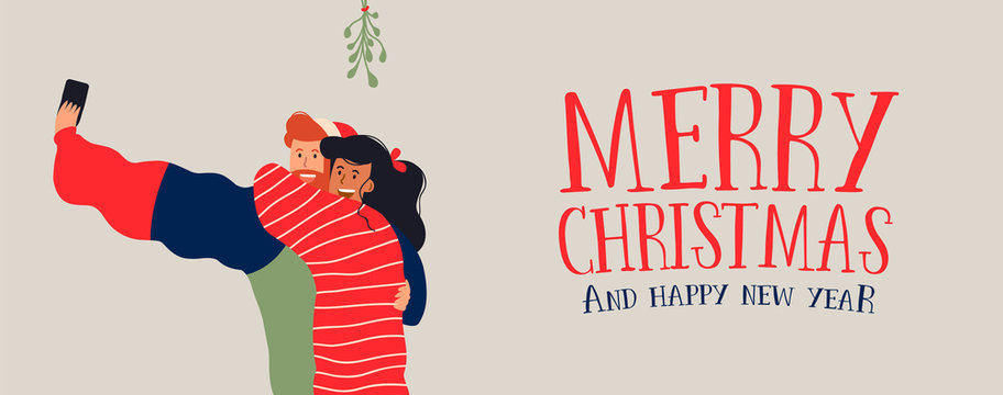 Christmas banner of couple selfie under mistletoe