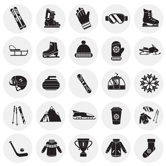 Winter sport and entertainment set on circles background icon