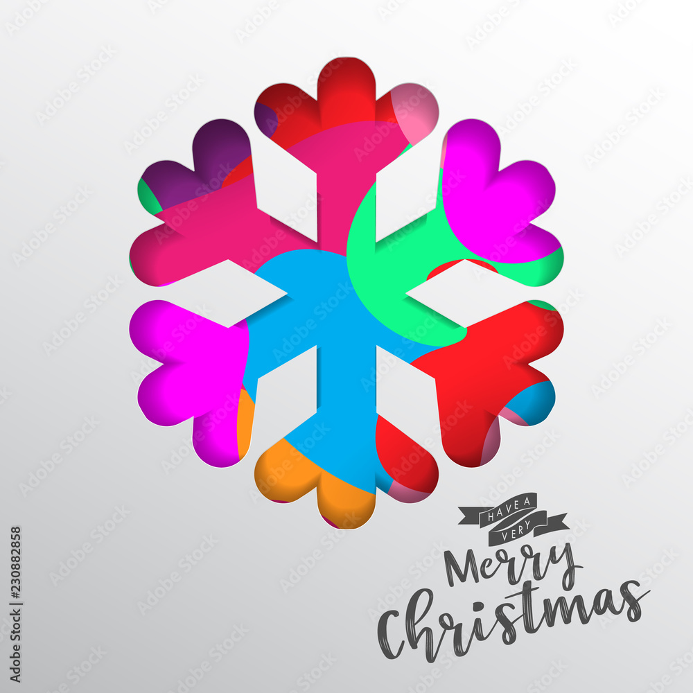 Poster colours paper cut of vector snowflake on gradient colours ornate background with merry christmas pha