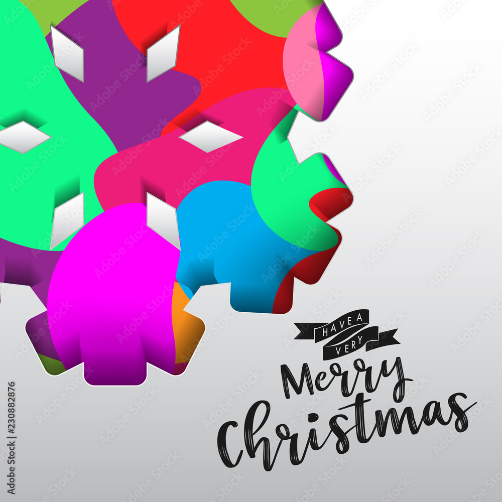 Poster Colours paper cut of vector snowflake on gradient colours ornate background with merry christmas phase text