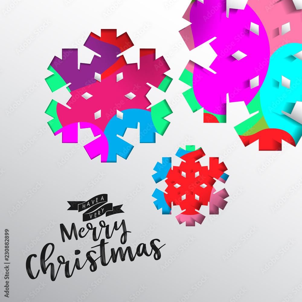Poster Colours paper cut of vector snowflake on gradient colours ornate background with merry christmas phase text