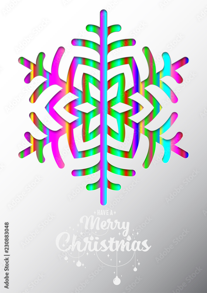 Aufkleber colours paper cut of vector snowflake on gradient colours ornate background with merry christmas pha