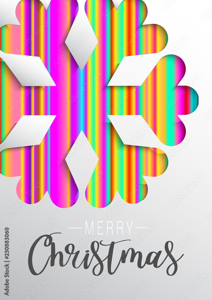 Poster colours paper cut of vector snowflake on gradient colours ornate background with merry christmas pha