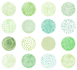 Green natural textures in round shapes. Doodle circles for package design for natural products - obrazy, fototapety, plakaty