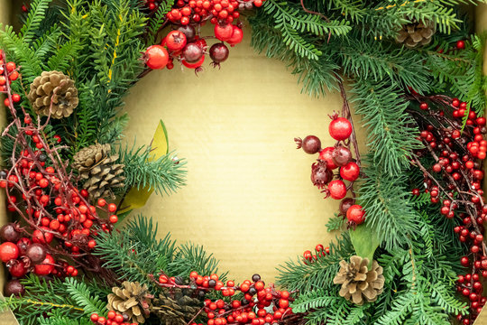 Christmas decorations, wreaths and balls, new year holiday