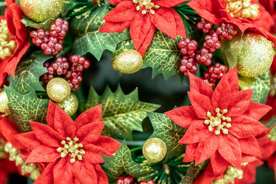 Christmas decorations, wreaths and balls, new year holiday