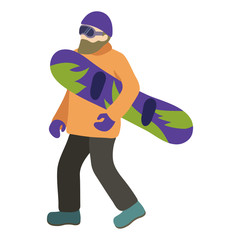 Young guy with a beard is riding a snowboard in stylish bright clothes.