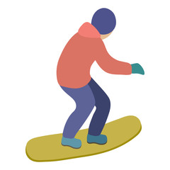 Fototapeta premium Young guy is riding a snowboard in stylish bright clothes.