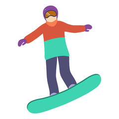 Young girl is riding a snowboard in stylish bright clothes.